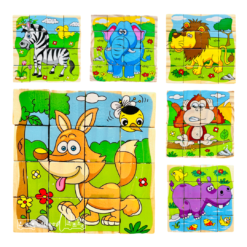 Set 6 puzzle cubic din lemn - Animale salbatice, 16 cuburi