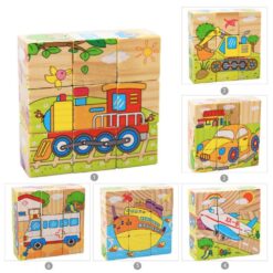 Set 6 puzzle cubic din lemn - Mijloace de transport, 9 cuburi